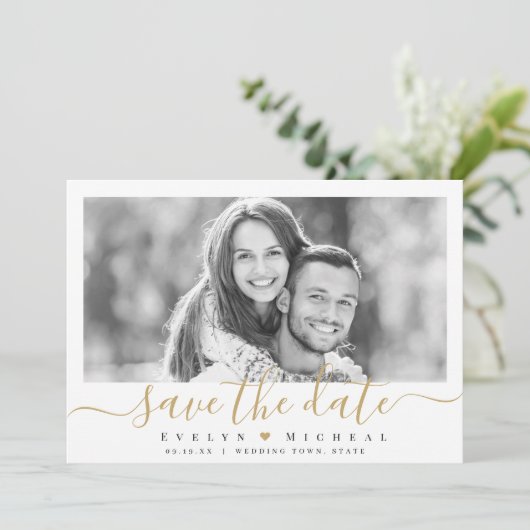 シンプルモダンエレガントscript photo save date 招待状 (スタンド正面)