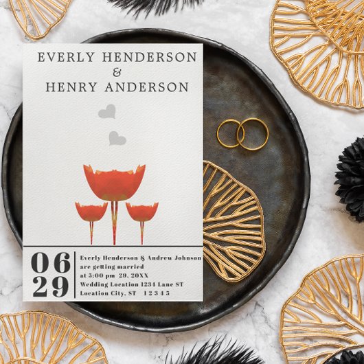 シンプルモダンオレンジポピー&ハート結婚ズ 招待状