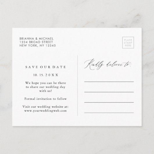 シンプルモダンカリグラフィー結婚式 Save Our Date 案内ポストカード (裏面)
