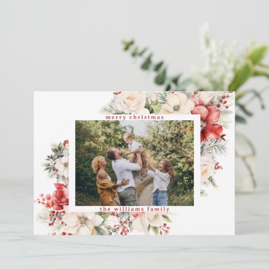 シンプルモダンクリスマスの花あいさつ写真 シーズンカード (スタンド正面)