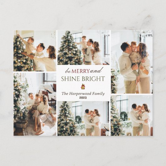 シンプルモダンクリスマスツリーファミリーフォトコラージュ シーズンポストカード (正面)