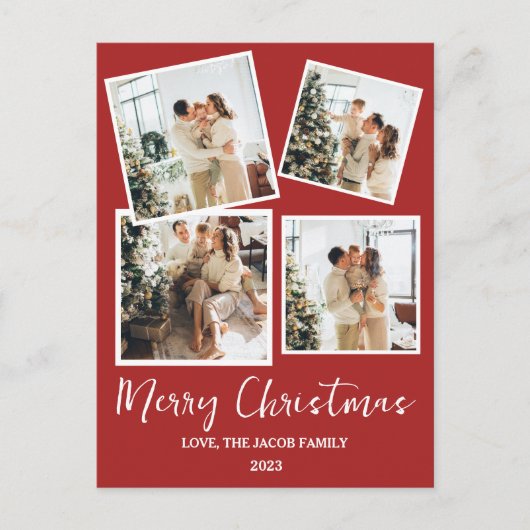 シンプルモダンクリスマスツリー家族4写真 シーズンポストカード (正面)