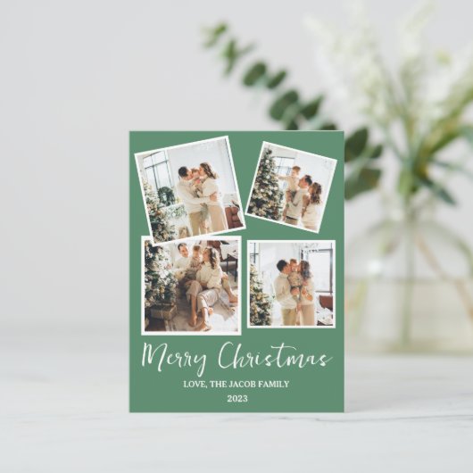 シンプルモダンクリスマスツリー家族4写真 シーズンポストカード (スタンド正面)