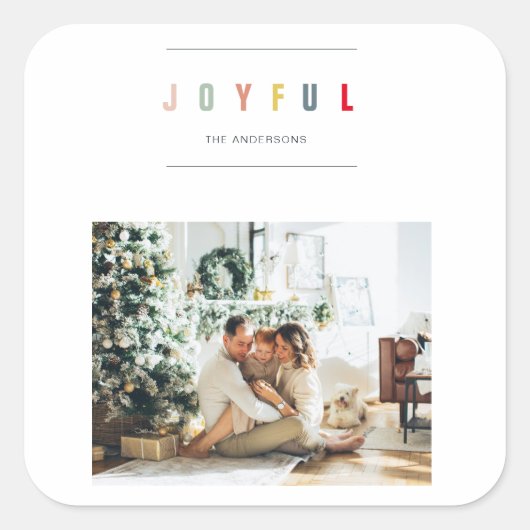 シンプルモダンクリスマス写真 | Joyful Holiday スクエアシール (正面)