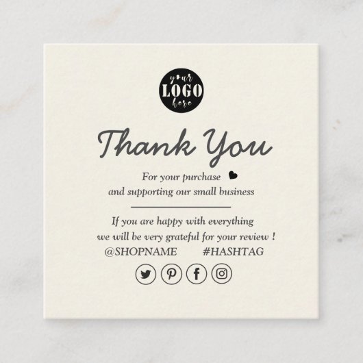 シンプルモダンクリームとホワイトありがとう スクエア名刺 (正面)