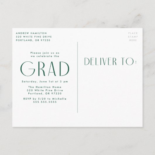 シンプルモダングリーンフォト卒業式パーティー インビテーションポストカード (裏面)
