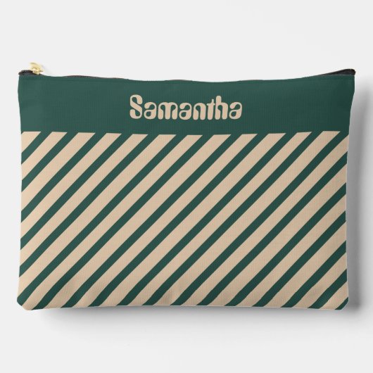シンプルモダングリーンベージュクロスストライプズ アクセサリーポーチ (正面)