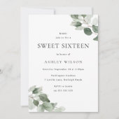 シンプルモダングリーンリーフスウィート16誕生日 招待状 (正面)