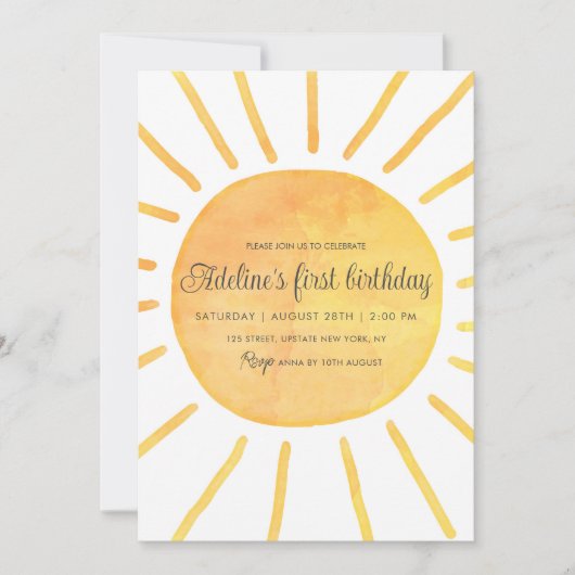 シンプルモダンサンシャインウォーターカラーガール誕生日 招待状 (正面)