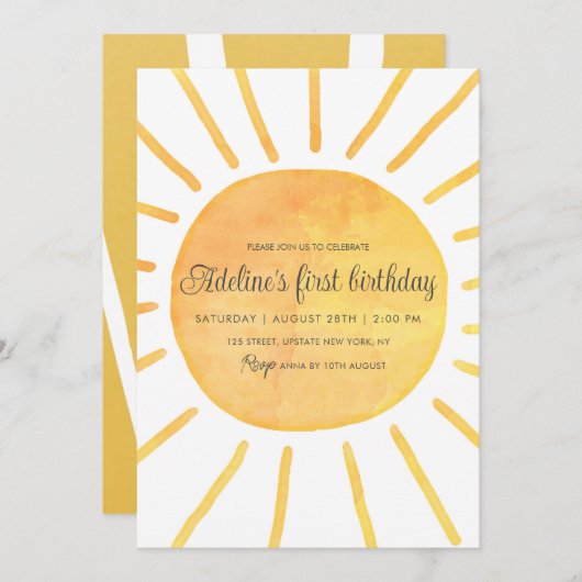 シンプルモダンサンシャインウォーターカラーガール誕生日 招待状 (正面/裏面)