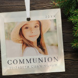 シンプルモダンシックカスタムFirst Communion Photo ガラスオーナメント<br><div class="desc">デザインはモダンsans serifとserifフォントを持つシックなタイポグラフィで構成される。息子カスタム/娘と年の写真を追加。</div>