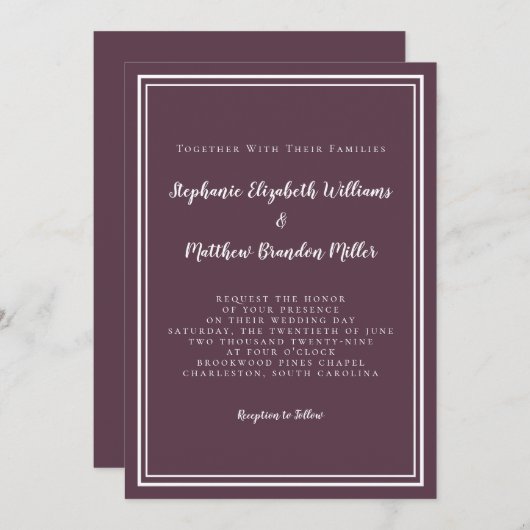 シンプルモダンシックパープルプラム結婚のミニマル 招待状 (正面/裏面)