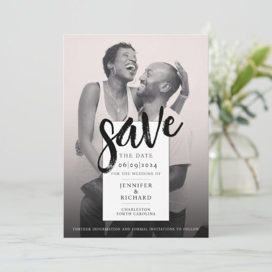 シンプルモダンシック白黒フォト結婚ズ セーブザデート (スタンド正面)