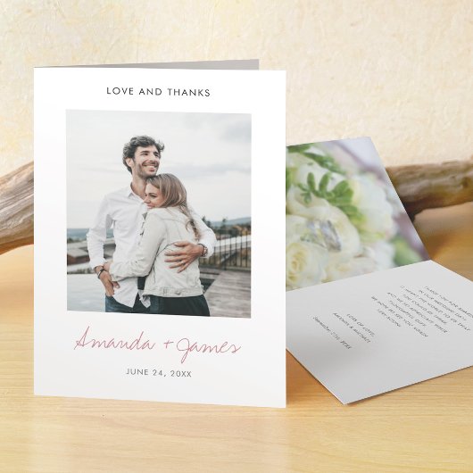 シンプルモダンスクリプトバラ金ゴールド結婚写真 サンキューカード