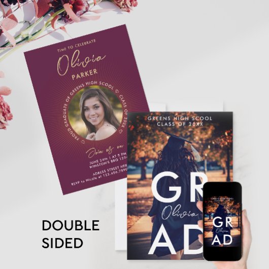 シンプルモダンスタイリッシュBurgundy卒業写真 案内状