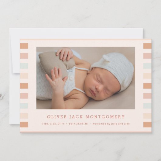 シンプルモダンストライプ男の赤ちゃん誕生発表 招待状 (正面)