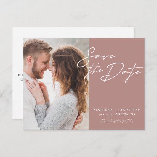 シンプルモダンタイポグラフィ写真の保存日付 案内ポストカード (正面/裏面)