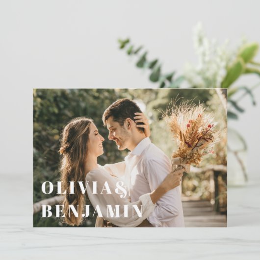 シンプルモダンタイポグラフィ写真の結婚緑 招待状 (スタンド正面)