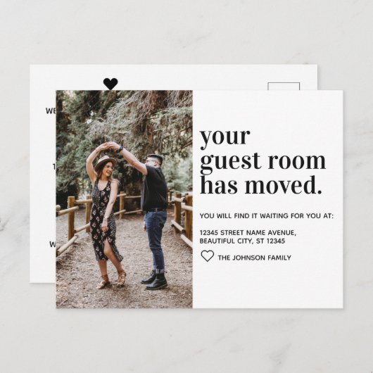 シンプルモダンタイポグラフィ客室写真の移動 案内ポストカード (正面/裏面)