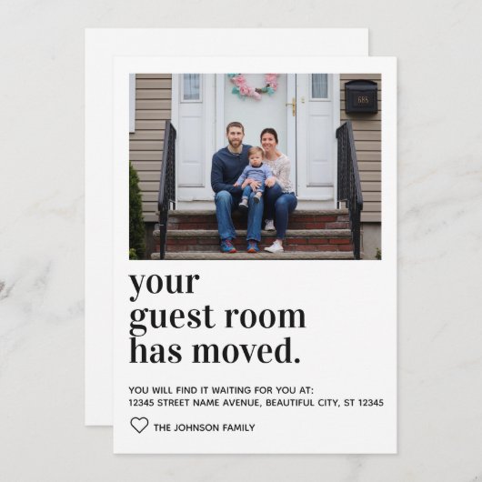 シンプルモダンタイポグラフィ客室写真の移動 案内状 (正面/裏面)