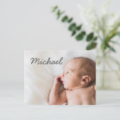 シンプルモダンタイポグラフィ男の赤ちゃん名フォト誕生 案内ポストカード (スタンド正面)