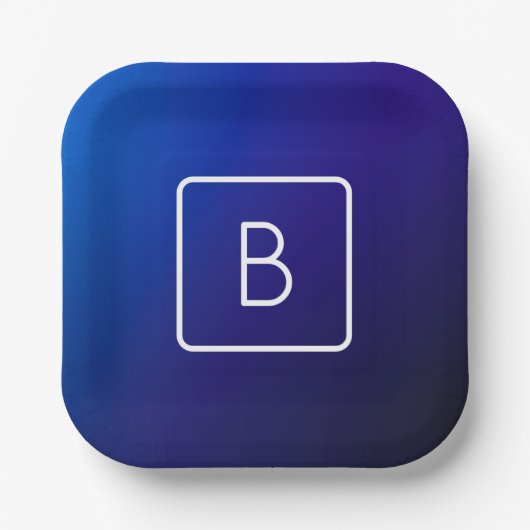 シンプルモダンダークブルーグラデーショングラディエント&モノグラム ペーパープレート (正面)