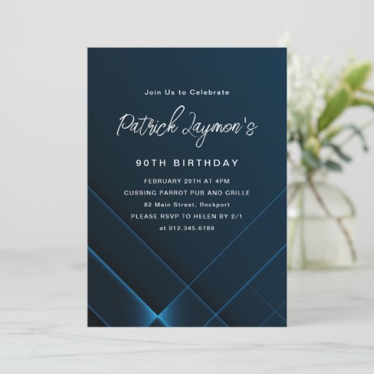 シンプルモダンダークブルー幾何学模様90誕生日 招待状 (スタンド正面)
