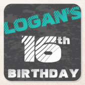 シンプルモダンティール(緑がかった色)とブラック10代のボーイ誕生日 スクエアペーパーコースター (正面)