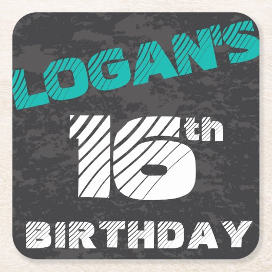 シンプルモダンティール(緑がかった色)とブラック10代のボーイ誕生日 スクエアペーパーコースター (正面)