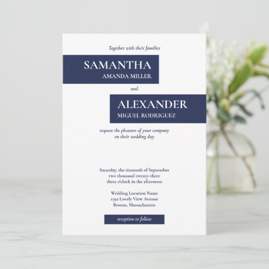 シンプルモダンネイビーブルーホワイトジオメトリック結婚ス 招待状 (スタンド正面)