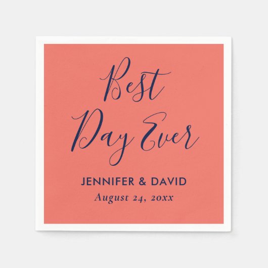 シンプルモダンネイビーブルー&コーラル結婚ズ スタンダードカクテルナプキン (正面)