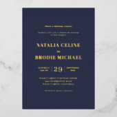 シンプルモダンネイビー結婚ブルー金ゴールド 箔招待状 (正面)