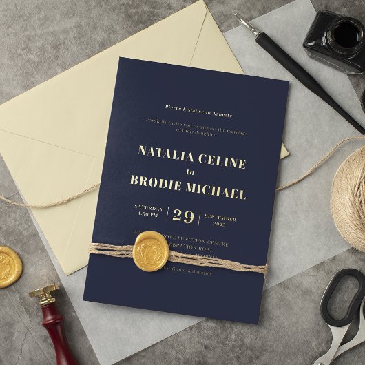 シンプルモダンネイビー結婚ブルー金ゴールド 箔招待状