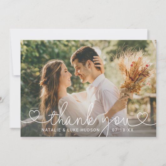 シンプルモダンハート結婚スクリプトの写真 サンキューカード (正面)