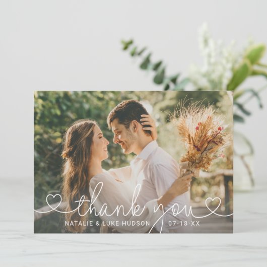 シンプルモダンハート結婚スクリプトの写真 サンキューカード (スタンド正面)