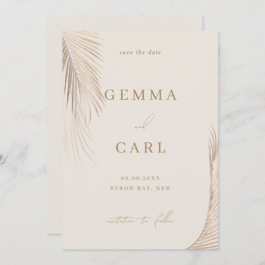 シンプルモダンパーム離れの結婚式日付を保存 招待状 (正面/裏面)