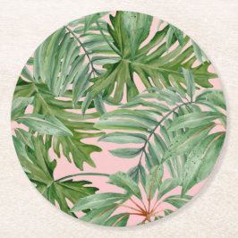 シンプルモダンピンクパームリーフトロピカルフローラ ラウンドペーパーコースター