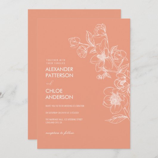 シンプルモダンフローラボタニカル結婚コーラル 招待状 (正面/裏面)