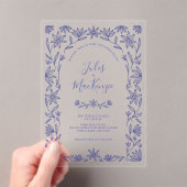 シンプルモダンフローララインアートブルー結婚ズ アクリル招待状 (インサイチュ (ポータブル))
