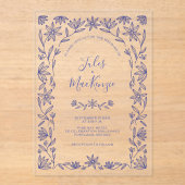 シンプルモダンフローララインアートブルー結婚ズ アクリル招待状 (正面)