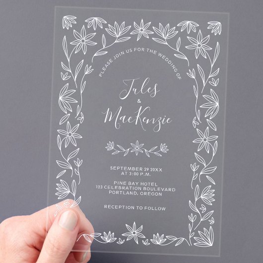 シンプルモダンフローララインアートホワ結婚イト アクリル招待状