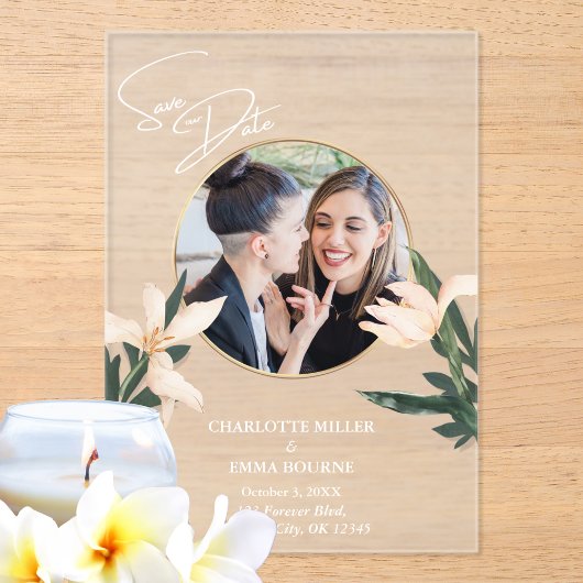 シンプルモダンフローラ写真の結婚式の日付を保存 アクリル招待状