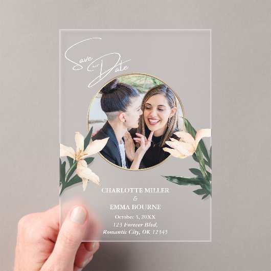 シンプルモダンフローラ写真の結婚式の日付を保存 アクリル招待状 (インサイチュ (ポータブル))