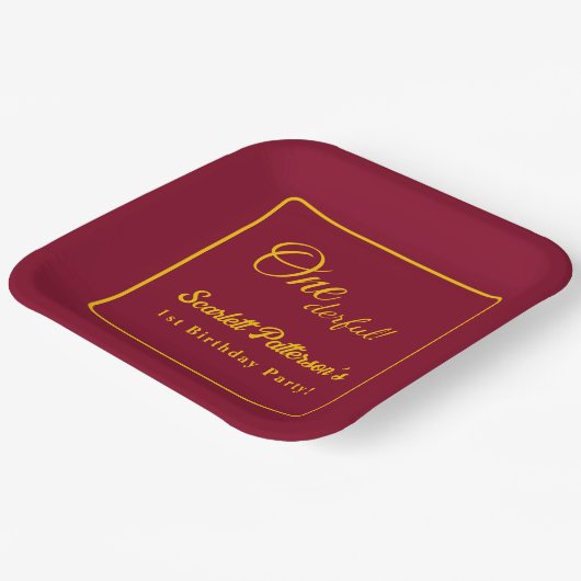シンプルモダンブルゴーニュと金ゴールドシック1歳の誕生日 ペーパープレート (傾斜あり)
