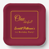 シンプルモダンブルゴーニュと金ゴールドシック1歳の誕生日 ペーパープレート (正面)