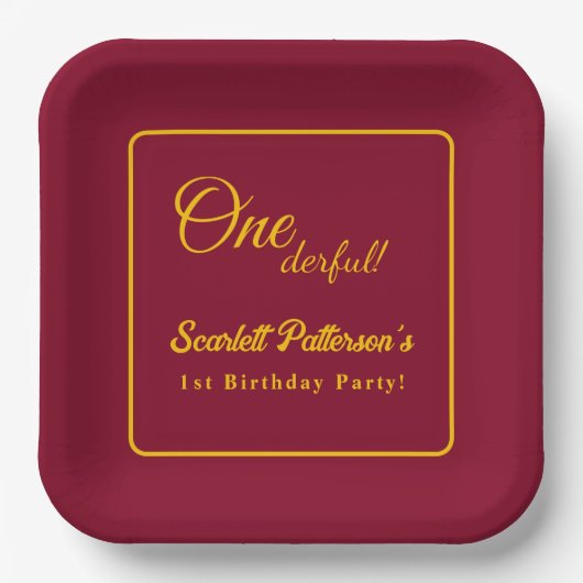シンプルモダンブルゴーニュと金ゴールドシック1歳の誕生日 ペーパープレート (正面)