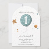 シンプルモダンブルーバルーン1stバースデーアーチ 招待状 (正面)