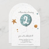 シンプルモダンブルーバルーン2ndバースデーアーチ 招待状 (正面/裏面)