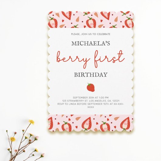 シンプルモダンベリーファースト誕生日 招待状
