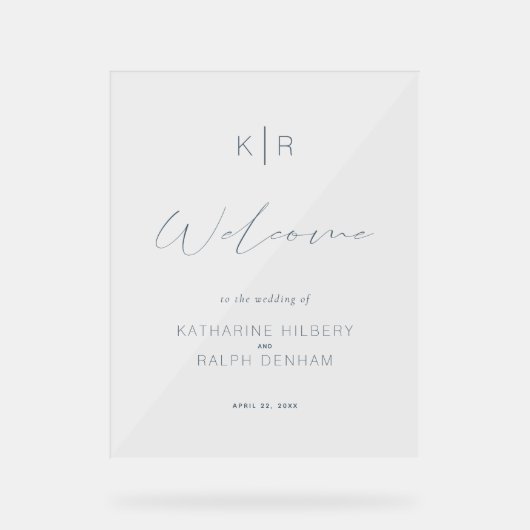 シンプルモダンホワイトネイビーブルー結婚の歓迎 アクリルサイン (正面)